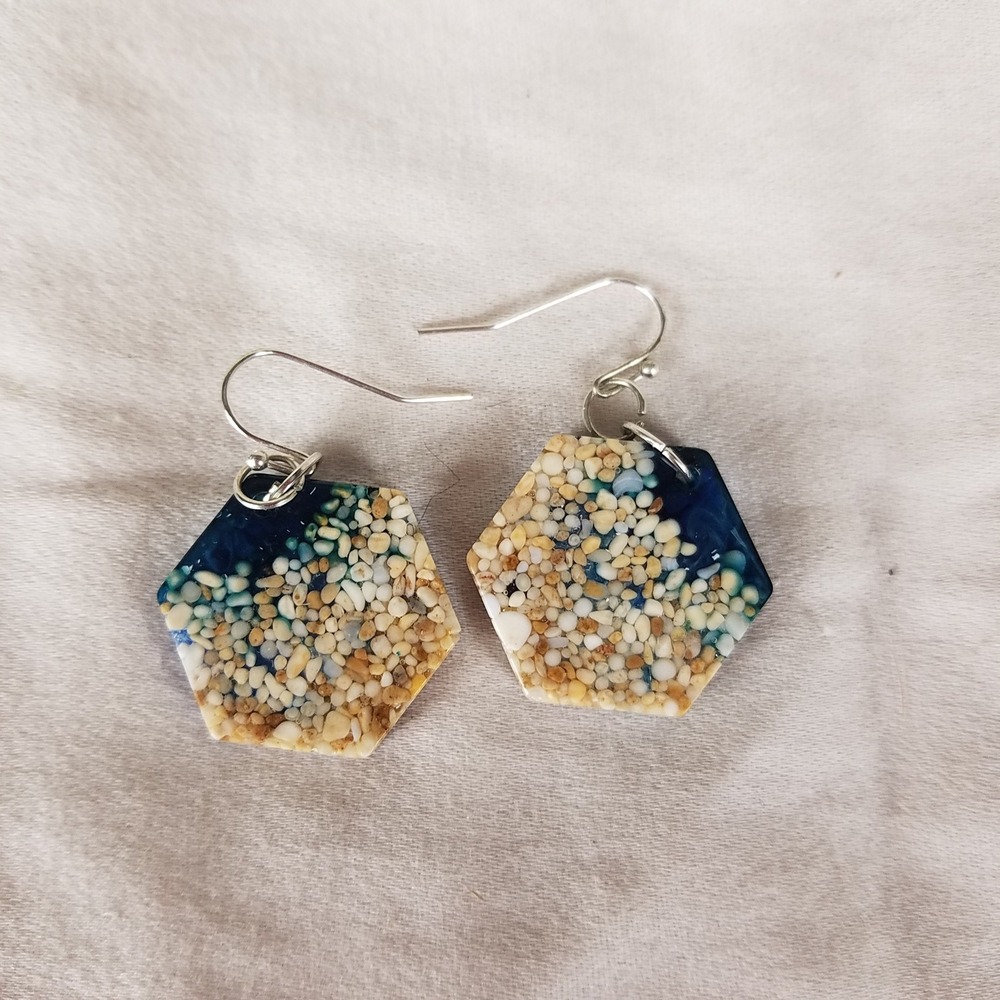 Resin Ocean Wave Earrings Womens OS Blue Excellent Hexagon Sand Dangle